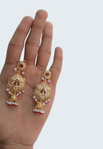 Regal Gold-Plated Peacock Jhumka Earrings with Ruby Red Accents & Pearl Drops