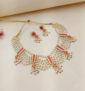Royal Five-Layered Pearl Choker Set with Ruby-Red Kundan Accents