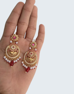 Royal Circular Mandala Gold-Plated Earrings with Rice Pearls & Ruby Teardrop