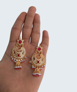 Star-Studded Ruby Red Chandbali Jhumka Earrings with Pearl Clusters