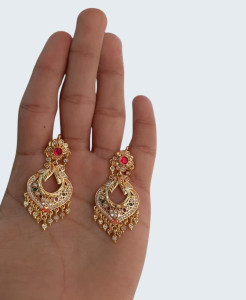 Graceful Gold-Plated Chandbali Earrings with Floral Studs & Shimmering Stone Work