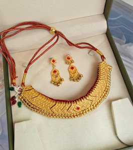 Traditional Temple Work Matte Gold Choker Set with Ruby Accents