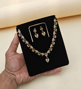 Dainty Floral Vine Ruby & AD Stone Necklace Set with Drop Earrings