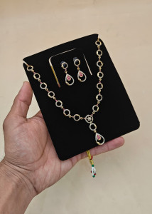 Elegant Ruby Pink & AD Stone Sleek Geometric Necklace Set with Matching Drop Earrings