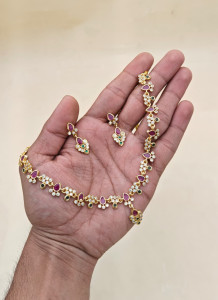 Petite Floral Kundan-Style Necklace Set with Ruby & Emerald Accents