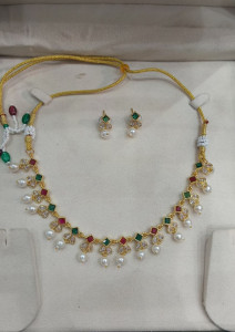 Elegant Multicolor Stone & Pearl Drop Necklace Set