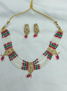Royal Jadau-Style Multi-Strand Pearl & Beaded Choker Set with Matching Earrings