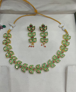 Emerald Green & Ruby Red Kundan-Style Leaf Motif Choker Set