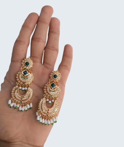 Emerald Green & AD Stone Studded Triple-Tier Chandbali Earrings