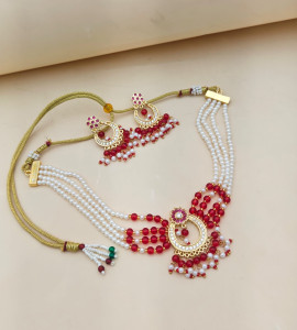 Traditional Pearl & Red Kemp Stone Gold-Plated Choker Set with Matching Earrings