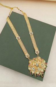 Traditional Gold Tone Long Pendant Necklace with Multicolor Stones