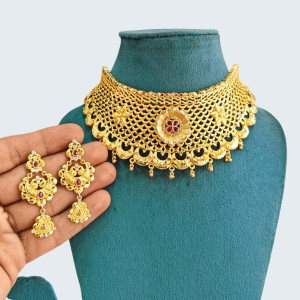 Royal Filigree Mesh Choker Set with Floral Ruby Centerpiece