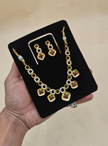Modern Gold Tone Geometric Necklace Set with Ruby Stones