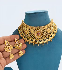 Royal Gold-Plated Bridal Choker Set with Ruby Accents and Chandbali Earrings