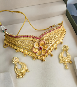 Royal V-Shaped Filigree Choker Set with Ruby Floral Centerpiece and Coin Hangings