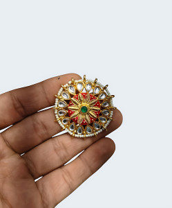 Traditional Oversized Kundan Statement Ring with Meenakari and Pearl Border