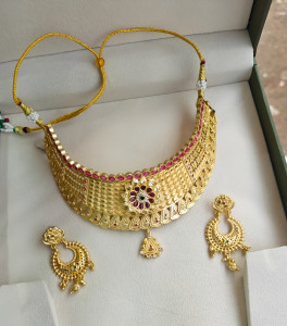 Heritage Gold-Plated Hasli Choker Set with Ruby Floral Medallion and Chandbali Earrings