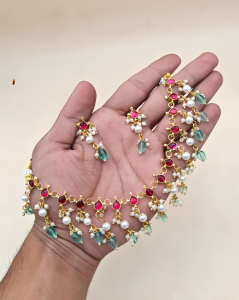 Modern Ruby & Sea-Green Bead Choker Set with Pearl Guttapusalu Clusters