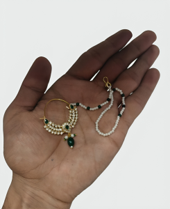 Traditional Gold Tone Nath with Green Stones & Pearl Chain