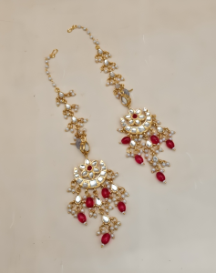 Traditional Gold Tone Kundan Maang Tikka with Red Drops
