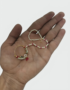 Traditional Gold Tone Nath (Nose Ring) with Pearl Chain