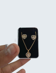 Heart Shape American Diamond Pendant Set with Earrings (Gold-Plated)