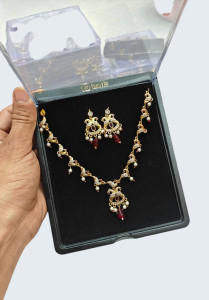 Enchanted Peacock Motif Necklace Set with Ruby & Pearl Accents