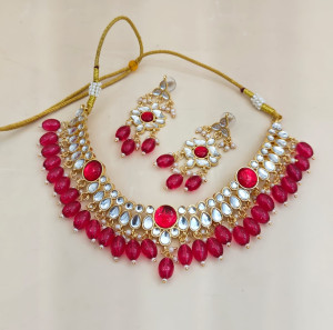 Heritage Ruby Red Kundan Choker Set with Bead Tassels