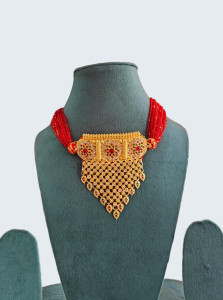 Ruby Red Beaded Temple Necklace with Gold Plated Statement Pendant