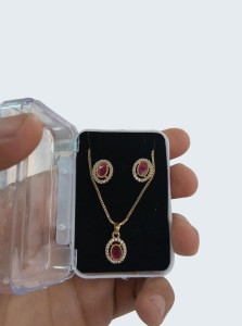 Elegant Ruby Red Oval Pendant & Earring Set in Gold Finish