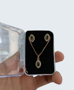 Emerald Green American Diamond Pendant Set with Earrings (Rose Gold-Plated)