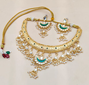 Royal Gold-Tone Textured Choker Set with Emerald Crescent & Pearl Hangings