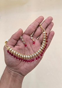 Dainty Ruby-Red & Crystal Circular Link Necklace Set
