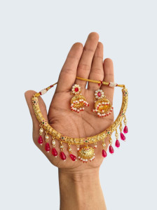 Elegant Gold-Plated Choker Necklace Set with Ruby Droplets and Jhumka Earrings