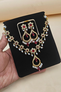 Traditional Gold-Plated Kundan & Ruby Red Stone Necklace Set with Chandbali Earrings