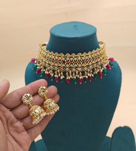 Royal Gold-Plated Emerald & Ruby Jali Choker Set with Pearl Latkan