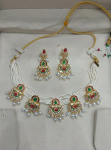 Traditional Multi-Strand Pearl Choker with Ruby & Emerald Stone Pendants