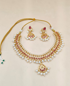 Kundan Ruby & Pearl Choker Necklace Set with Earrings