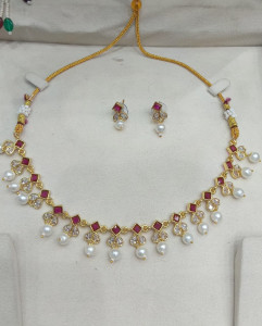 Ruby Stone & Pearl Drop Gold Plated Necklace Set with Earrings