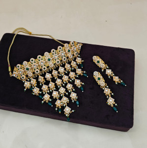 Royal Kundan & Emerald Geometric Choker Set with Tiered Rhombus Drops