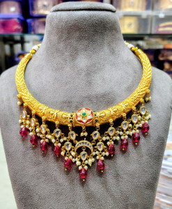Royal Gold-Plated Hasli Choker with Kundan & Ruby Bead Latkan