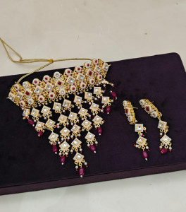 Royal Kundan & Ruby Geometric Choker Set with Tiered Rhombus Drops