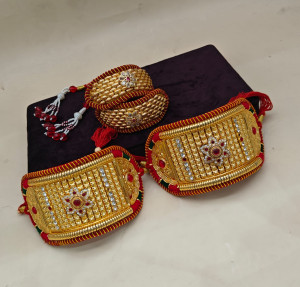 Traditional Rajasthani Gold-Plated Bajuband and Poonchi Combo Set with Red Stone Accents