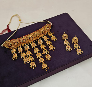 Traditional Gold-Plated Meenakari Choker Set with Multi-Tiered Jhumka Drops