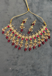 Elegant Gold-Plated Floral Kundan Choker Set with Ruby-Pink Stone Drops