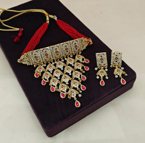 Royal Gold-Plated Choker Set with Red Seed-Bead Strings and Tiered Jhumka-Style Drops