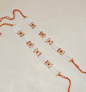 Royal Rajputi 5-Motif Pochi (Wristbands) with Pearl Strands & Red Stone Accents