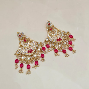 Royal Kundan Chandbali Earrings with Ruby-Red Drops and Pearls