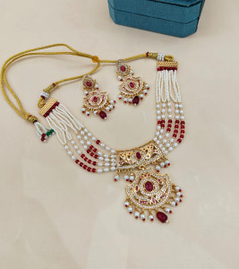 Traditional 5-Strand Pearl & Ruby Chand-Bali Necklace Set with Matching Drop Earrings