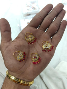 Traditional Gold-Plated CZ Stone & Red Bead Bridal Nathni (Nose Ring Set)